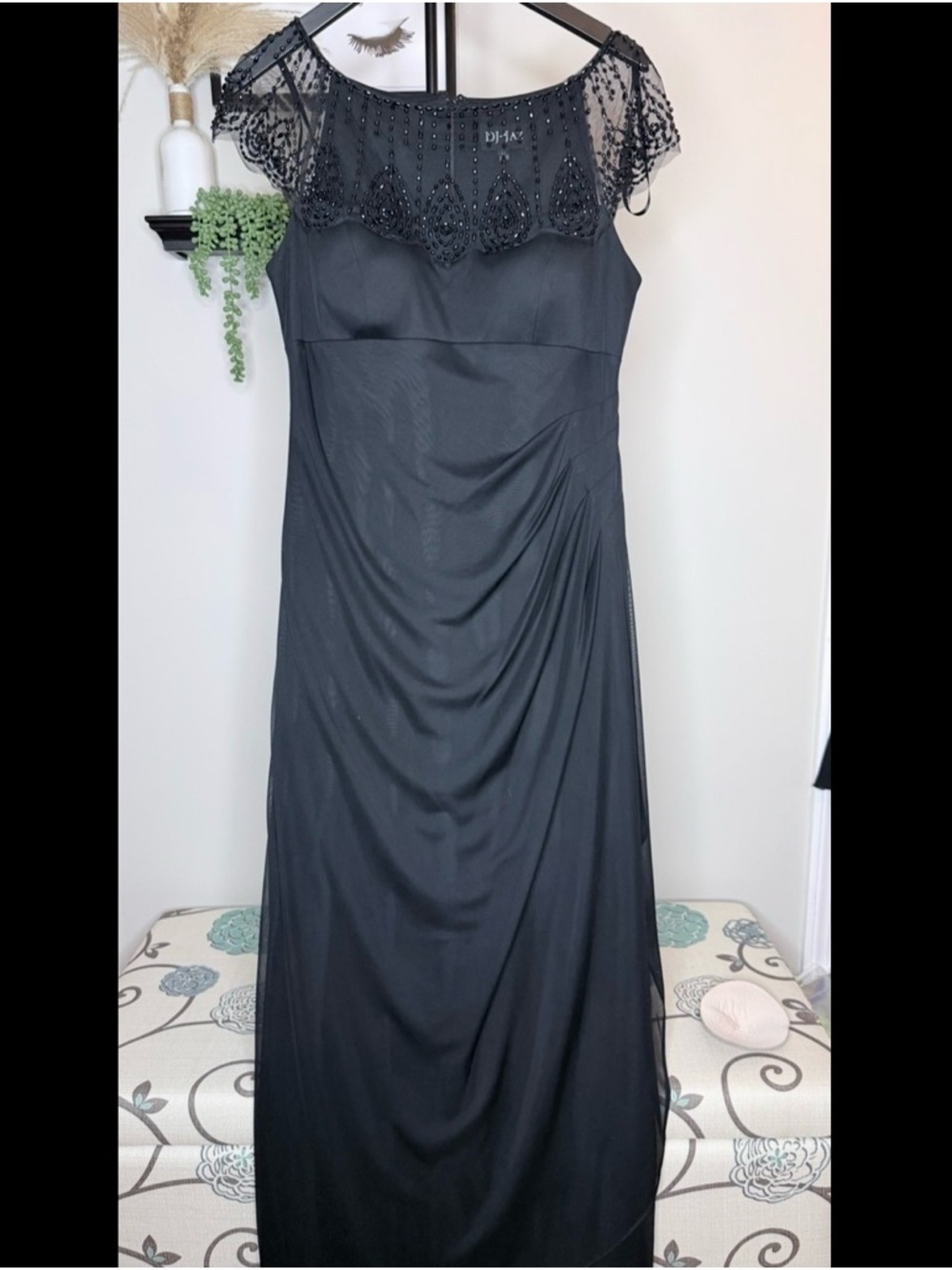 Black Beaded Illusion Neck Maxi Dress